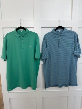 Peter Millar Green Solid Polo & Blue Striped Polo - Set of 2 - Large